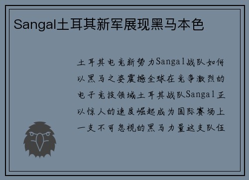Sangal土耳其新军展现黑马本色